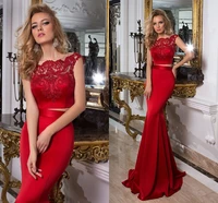 2022 elegant red mermaid lace long evening dress two pieces cap sleeves satin prom party gown robe de soiree
