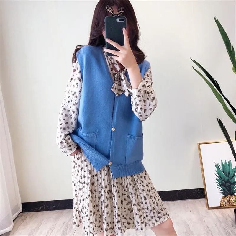 2019 Осень Новый Дикий v-образным вырезом карман простой сплошной цвет без рукавов