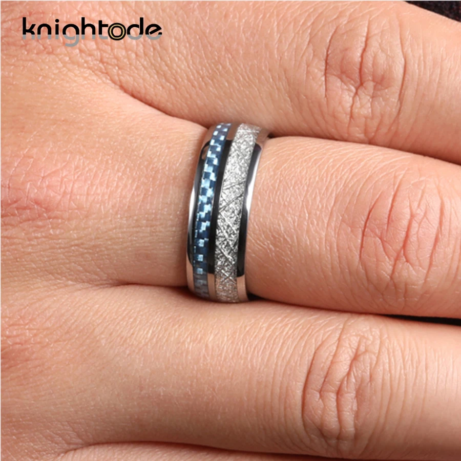 Кольцо из карбида вольфрама 8 мм белый метеорит/светильник инкрустация голубого