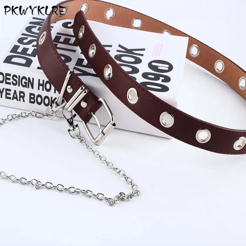 PKWYKLRE shipping женский панк цепь модный пояс регулируемый черный двойной/одинарный люверс втулка кожаный ремень пряжка