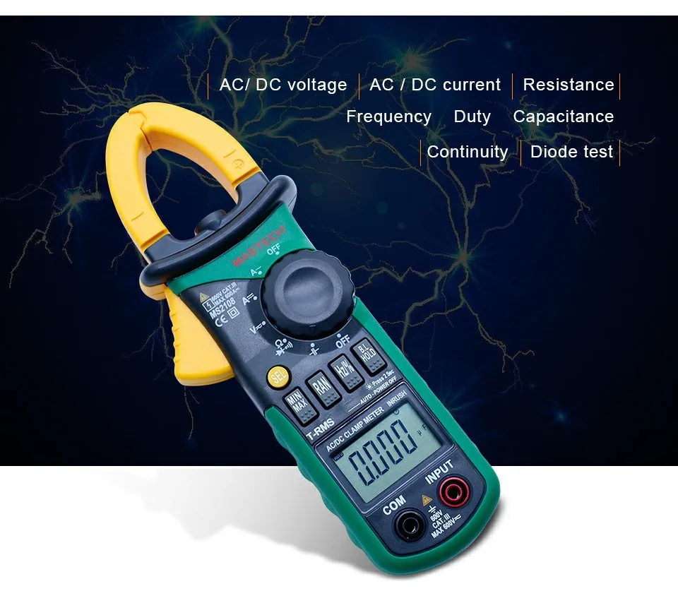 MASTECH MS2108 AC DC Клещи T-RMS Цифровой Авто Диапазон мультиметр Вольтметр Амперметр конденсатор тестер сопротивления