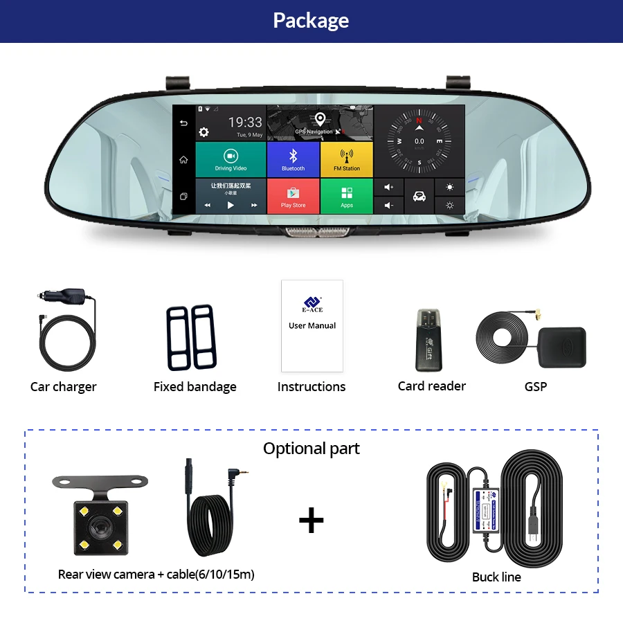 E-ACE 3G " сенсорный Автомобильный видеорегистратор Камера gps Bluetooth двойной объектив зеркало заднего вида Android 5,0 видео регистратор Full HD 1080P авто видеорегистратор