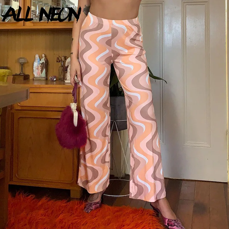 

ALLNeon Indie Aesthetics High Waist Striped Wide-Leg Pants Y2K Streetwear Printing Full Length Straight Baggy Trousers Vintage