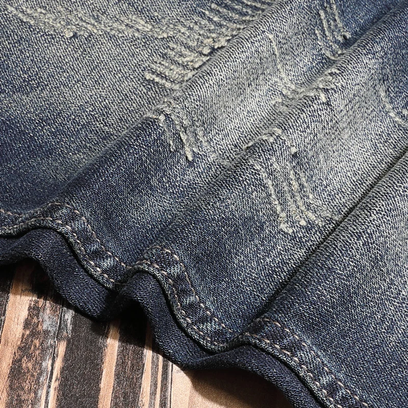 Italian Style Fashion Men Jeans Distressed Wash Retro Blue Elastic Slim Fit Ripped Jeans Men Vintage Designer Cotton Denim Pants