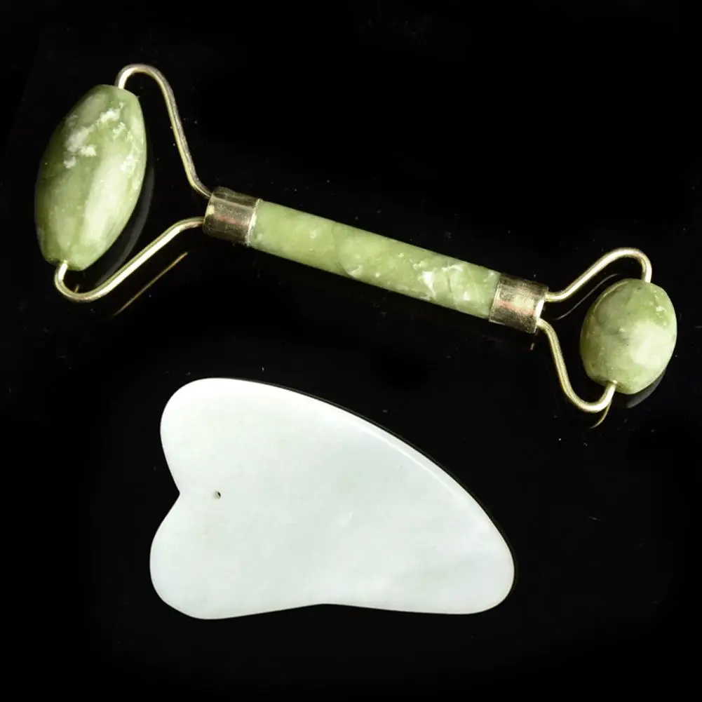 

2pcs Face Massager Roller Natural Jade Stone Guasha Board Scraper Set Facial Lift Skin Relaxation Slimming Beauty Neck Thin Tool