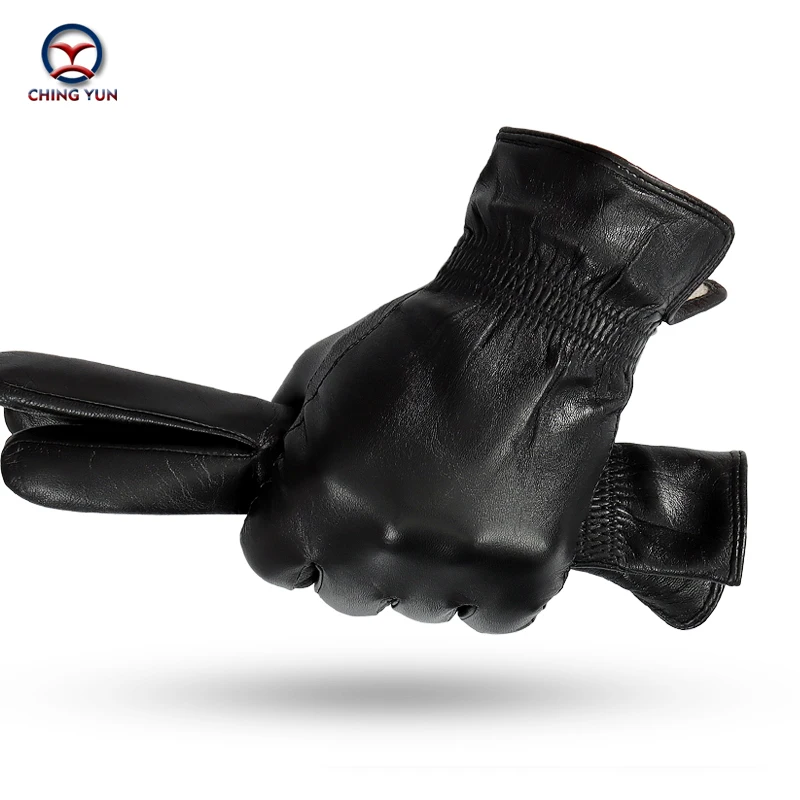 

CHING YUN Winter man Sheep skin leather gloves male 70% wool lining warm soft men's Arm sleeve black men mittens leather gloves