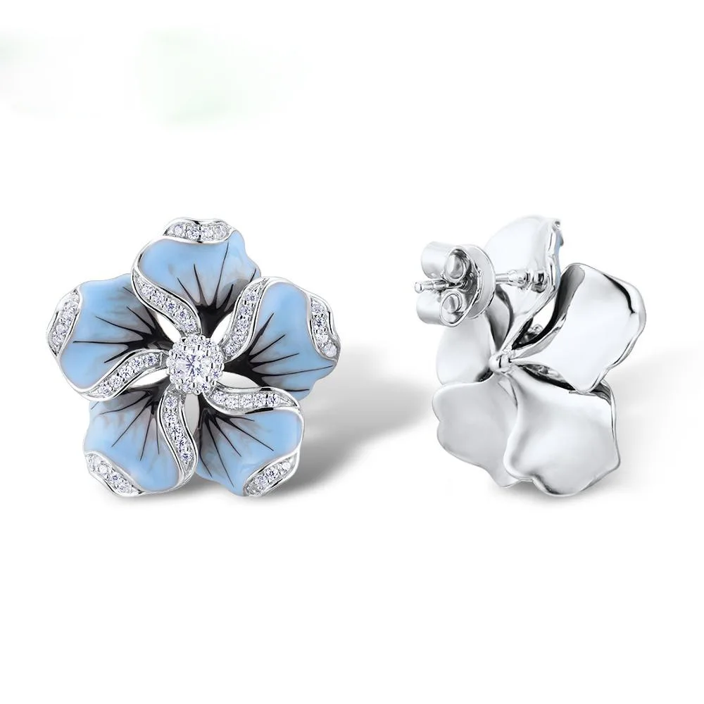 New Elegant Ladies Shiny Zircon Crystal Blue Lotus Tree Small Stud Earrings For Women Wedding Statement Brincos Jewelry Gifts | Украшения и