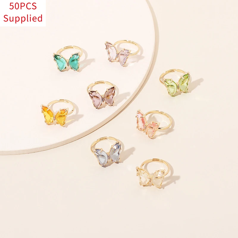

50pcs Korean Fashion Butterfly Transparent Resin Acrylic Ring For Women Girls New Design Strawberry Lemon Finger Jewelry Gifts