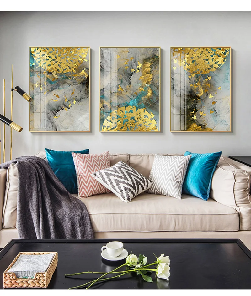

Abstract Golden Birds Painting Tableaux Big Poster Print HD Wall Art for Living Room Entrance Aisle cuadros Salon decoracion