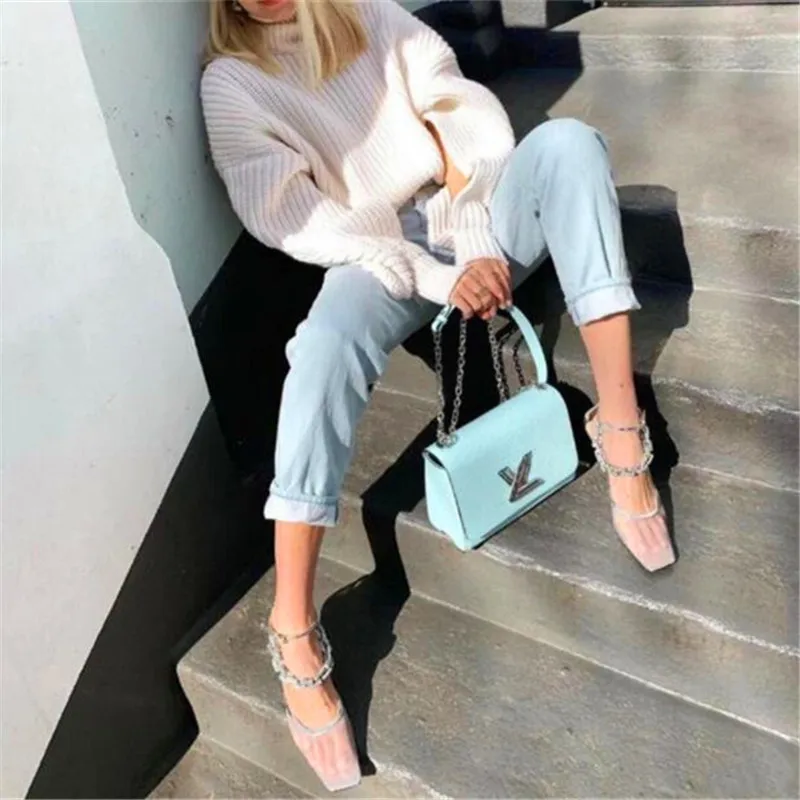 Металлические стразы Женские туфли на высоком каблуке с цепочкой Цвет черный