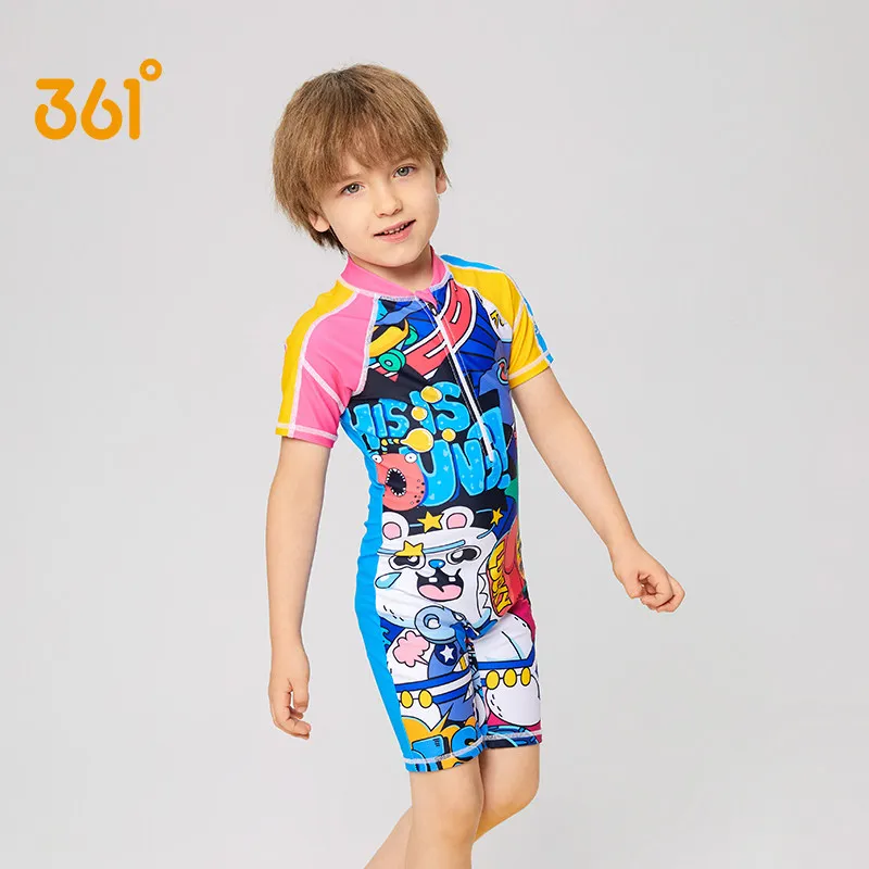 

361 Boys Short Sleeve One Piece Swimsuit Cute Breathable Quick Dry Zipper Waterproof Children's Swimwear For Kids