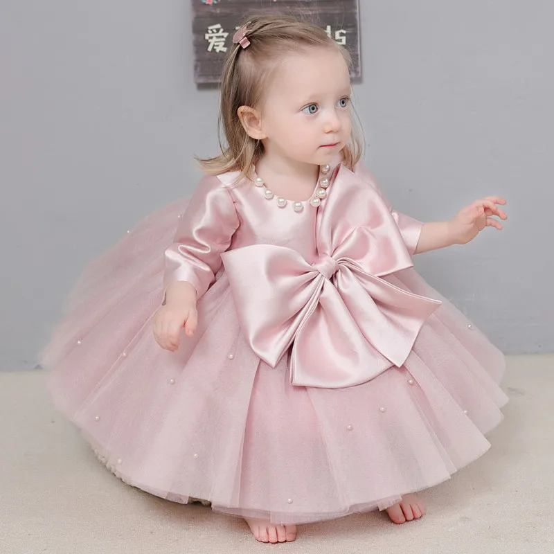 

Детское бальное платье для девочек, Розовое Бальное платье принцессы с большим бантом, для первого дня рождения, крестильное платье для мла...