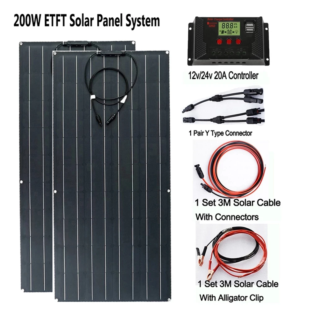 Harga Kit Panel Surya 100W 200W Sel Surya Monokristal 12V Pengisi Daya Baterai Untuk Mobil/Berkemah/Atap Rumah 100W Panel Fotovoltaik