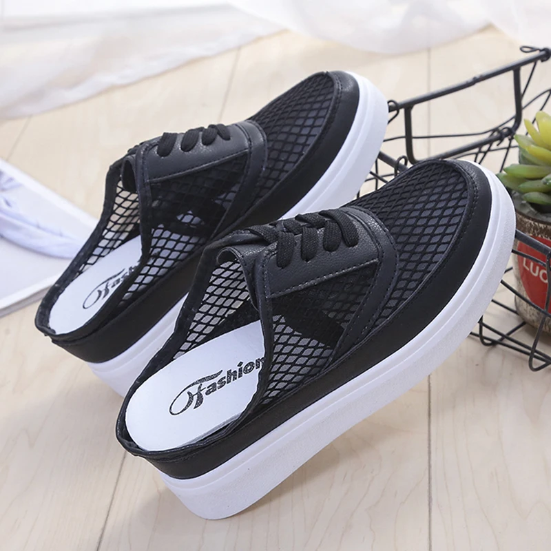 

Breathable Mesh Platform Slippers Women Thick Bottom Lace Up Half Sandals Ladies Round Toe Outdoor Casual Slides Female Shoes
