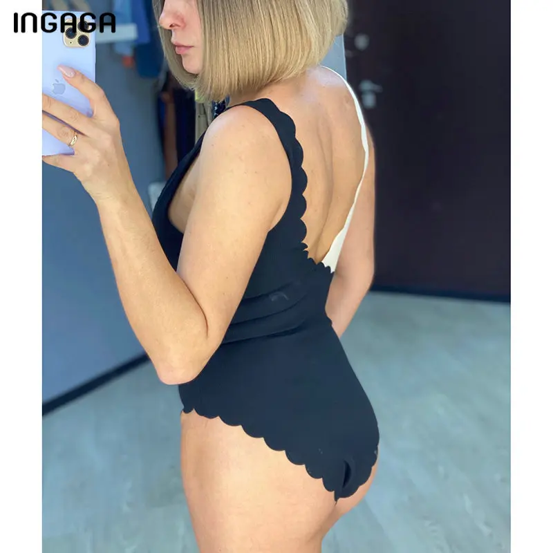 INGAGA Scallop One Piece Swimsuit Sexy Patchwork Swimwear Women Ribbed Bathing Suit 2022 U-back Bodysuit Summer Beachwear | Спорт и