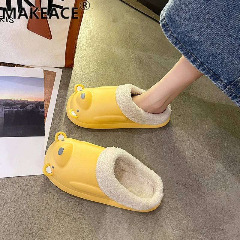 

Winter Ladies Cotton Slippers Fashion Bear Thickened Warm Home Cotton Slippers 2021 New Non-slip Bathead Bathroom Slippers Men