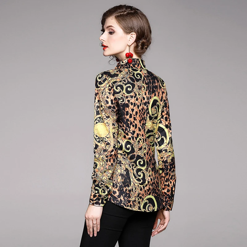 

New Elegant Fashion Women Spring Autumn Print Slim Shirt Turn Down Collar Long Sleeve Blouses