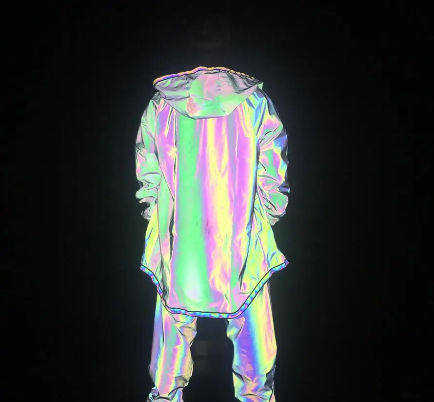 Reflective Trench Coat Men Brand Hip Hop Dance Fluorescent Mens Jackets and Coats Harajuku Windbreaker Cloak Jaqueta Masculino