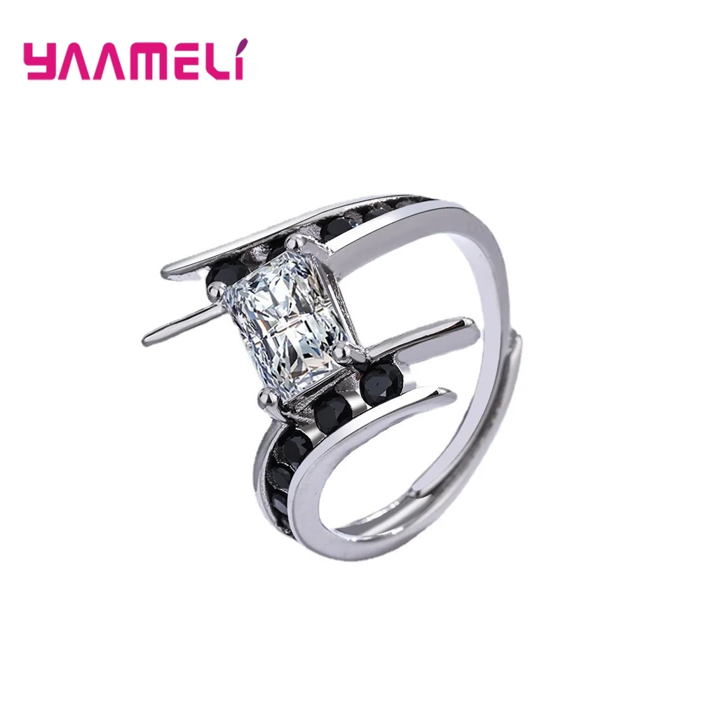 

925 Sterling Silver Geometric Crystal Resizable Rings For Women Girls Wedding Engagement Fashion Jewelry Wholesale