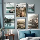 Картина на холсте с изображением горного озера, лодка на стену, природный пейзаж, картина с оленем, солнечный постер, скандинавские настенные картины, домашний декор
