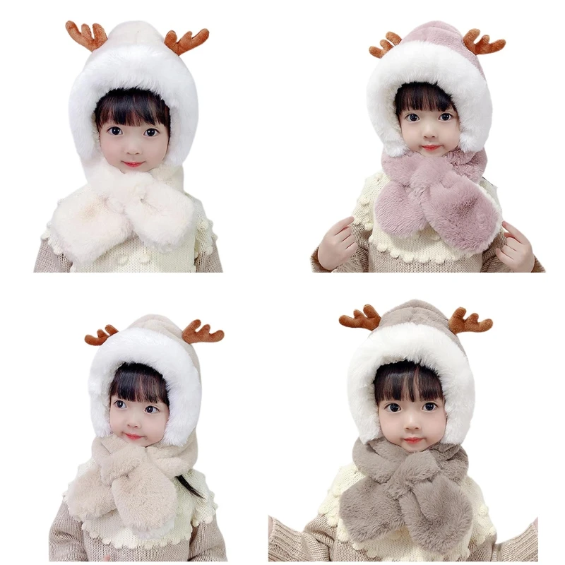

67JF Cute Antler Scarf One-piece Hat Furry Hat Sweet Ear Headband Cold-proof Combo for Boy Girl Autumn and Winter