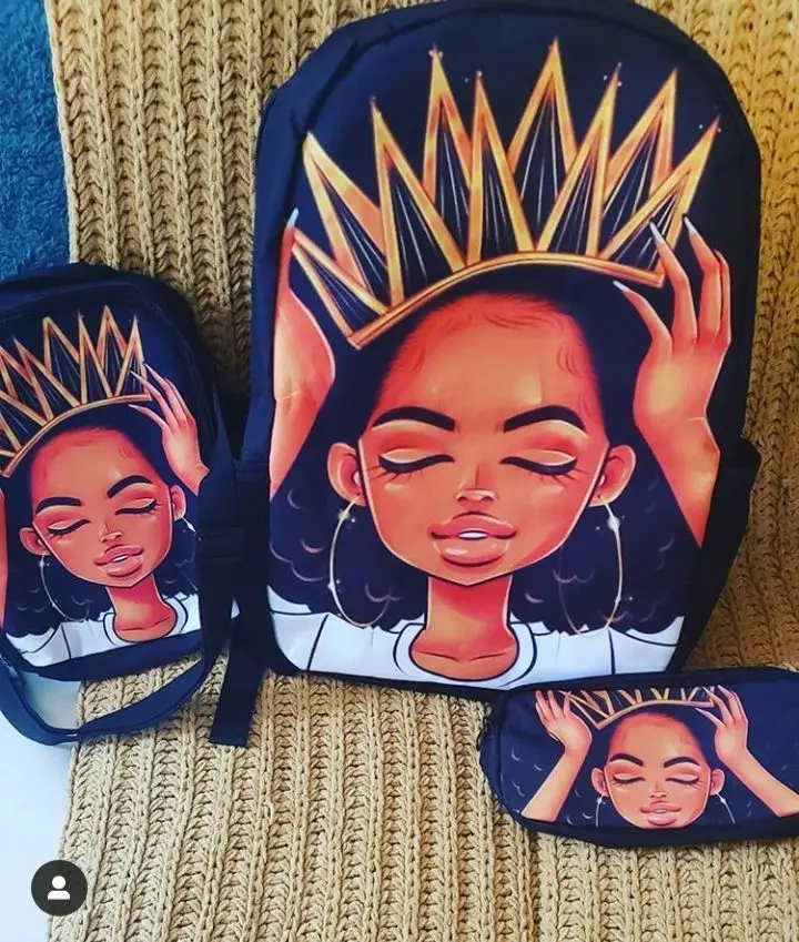 

WHEREISART Primary Student Book Bags with Black Girls African Afro Magic Lady Prints 3Pcs School Bags for Kids Girls Backpack