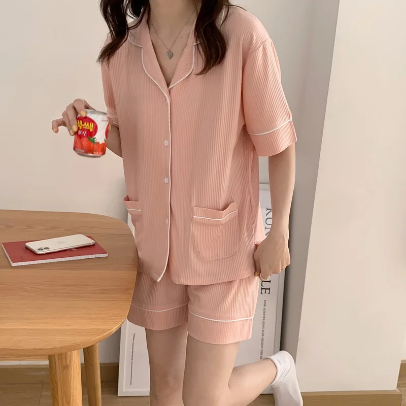 

Домашняя одежда в полоску, 4 цвета, Женский пижамный комплект, топ с карманами, однотонные шорты, домашняя одежда, летний комплект из 2 предме...