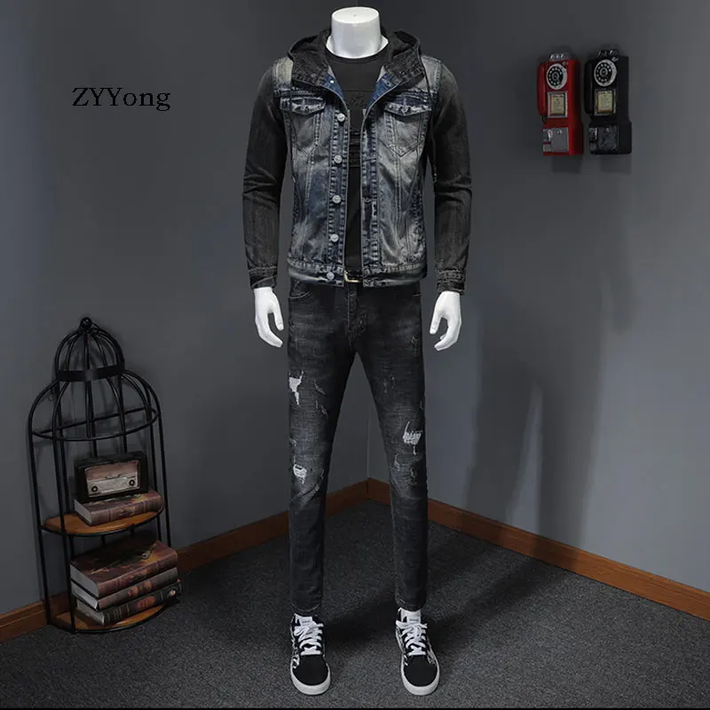 Куртка бомбер мужская джинсовая с капюшоном мотоциклетная Повседневная Верхняя