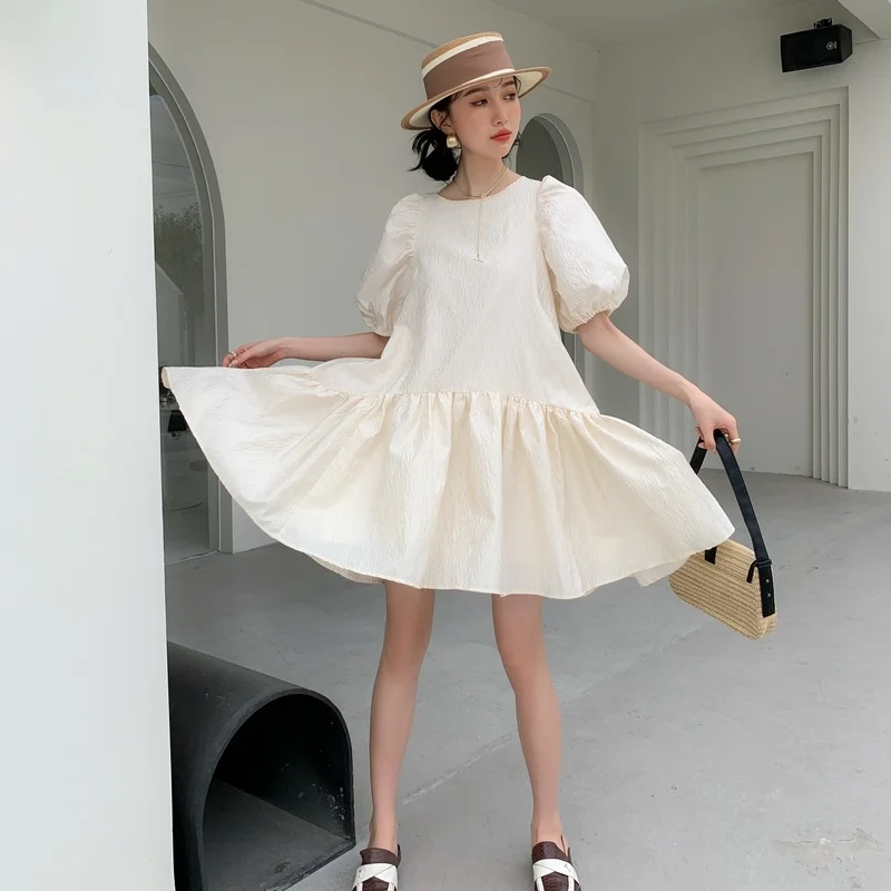 

Korejepo Women Dress 2021 Summer New French Vintage Elegant Embossed Jacquard O-neck Puff Sleeve Puffy Knee-Length Dress Female