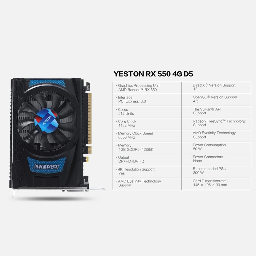 Игровая видеокарта Yeston RX550-4G D5 графическая карта с 4 ГБ GDDR5 1183 бит памяти 6000 МГц/МГц