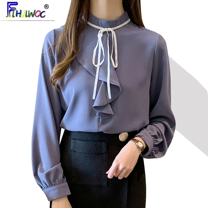 

2020 Spring Cute Bow Tie Tops Women Fashion Long Sleeve Korea Style Temperamet Office Lady Blue White Shirts Blouses 12031