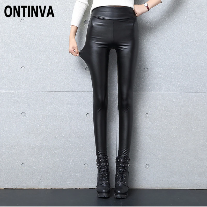 Зимние плотные флисовые леггинсы из искусственной кожи женские эластичные