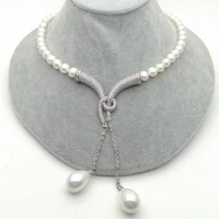 hand knotted 8 9mm white freshwater cultured pearl micro inlay zircon accessories necklace shell pearl pendant long 50cm