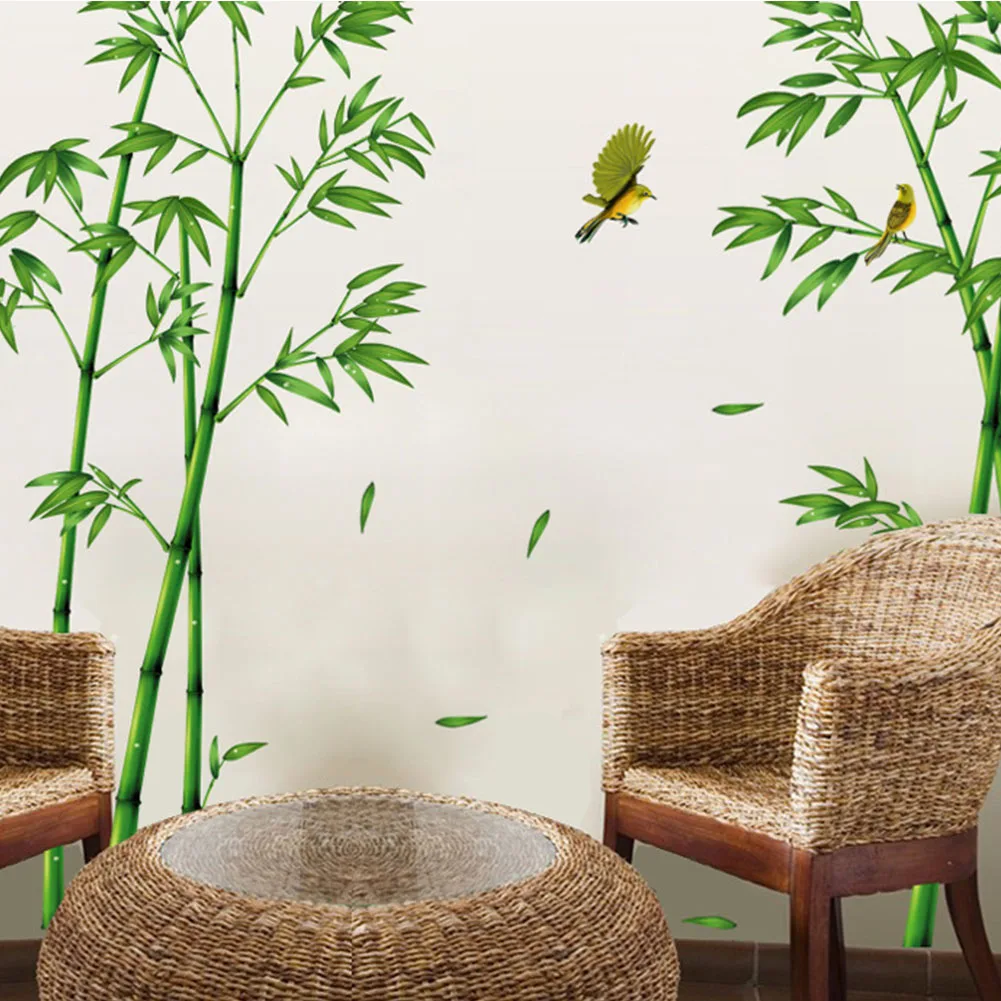 Наклейка на стену в виде дерева с зеленым бамбуковым лесом для детской комнаты