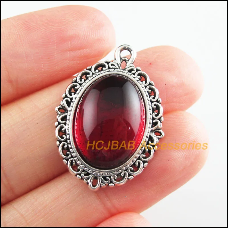 6 шт. тибетские серебряные овальные красные глазурованные Подвески с цветком 21x29 мм