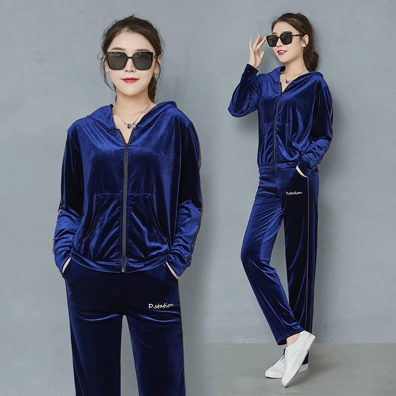 Blue straight Осенняя и зимняя женская куртка спортивная модная повседневная мягкая велюровая Толстовка комплект из 2 предметов пуловер с длинными рукавами спортивные костюмы - Цвет: Blue straight