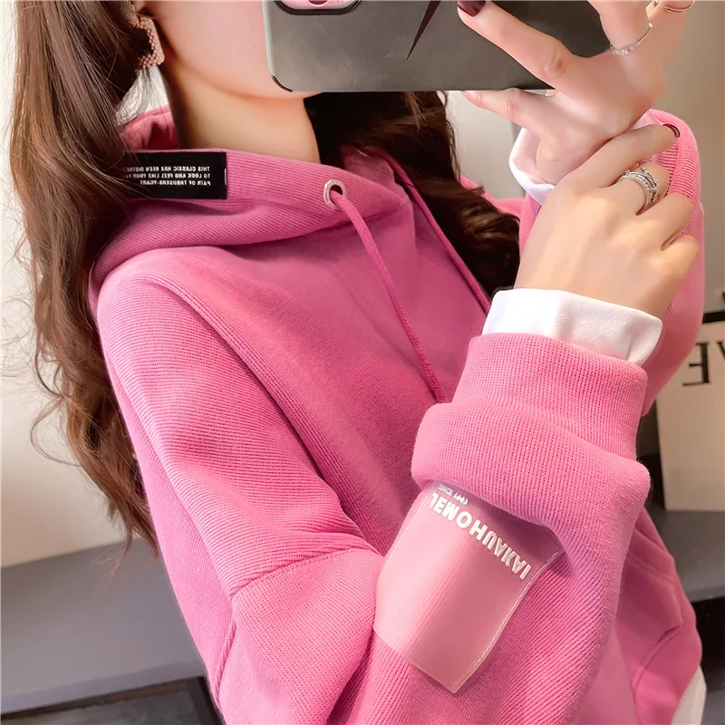 

2021 spring and autumn new Korean version hoodie coat woman loose Medium length clothes pure color gentle style