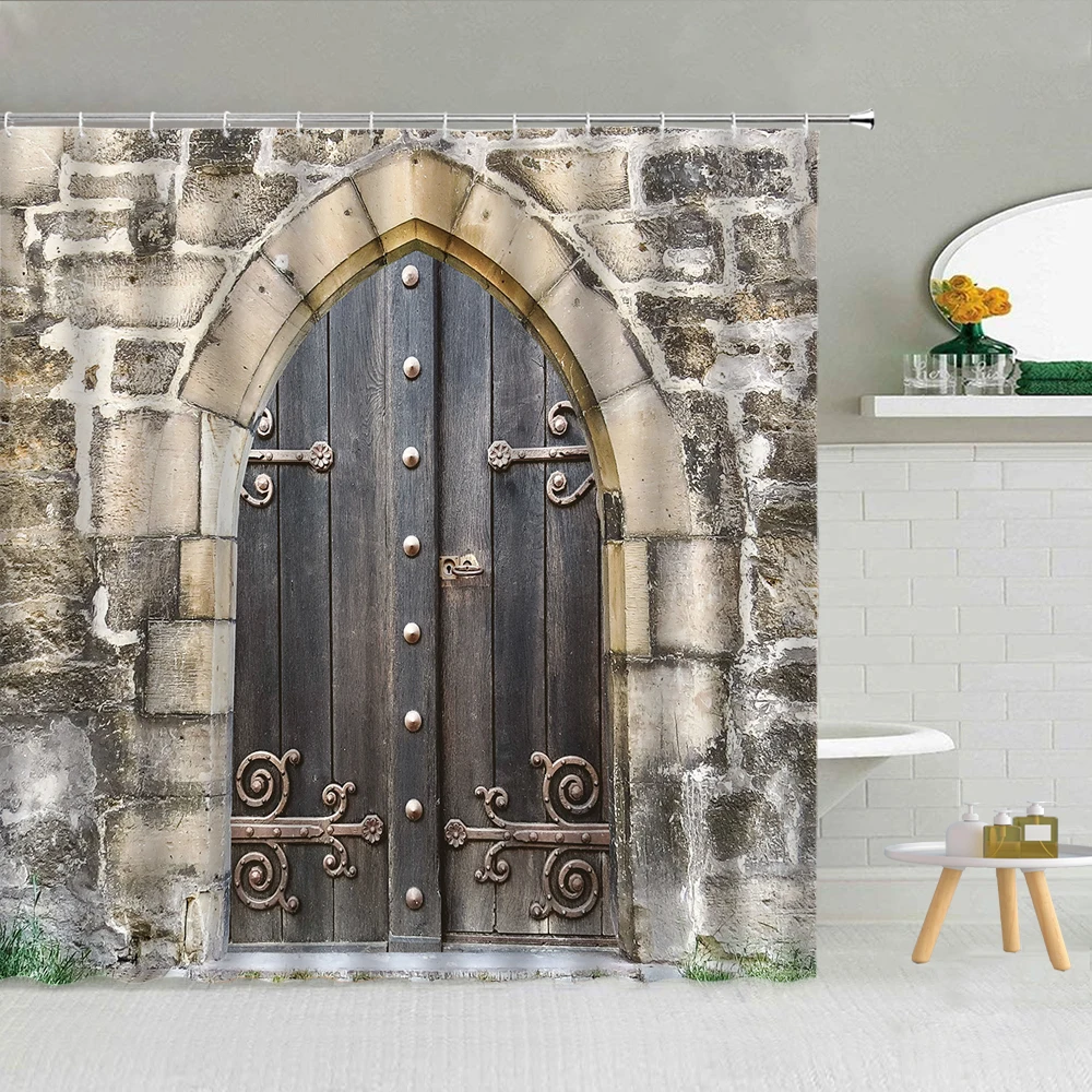 

Ретро каменная настенная изогнутая деревянная дверь, душевая занавеска, винтажная водонепроницаемая ткань для старого здания, прочный дек...