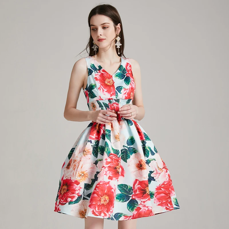 

LUKAXSIKAX 2021 New Summer Women Sexy V-Neck Vest Dress High Quality Sweet Camellia Print Elastic Waist Slim Party Dress