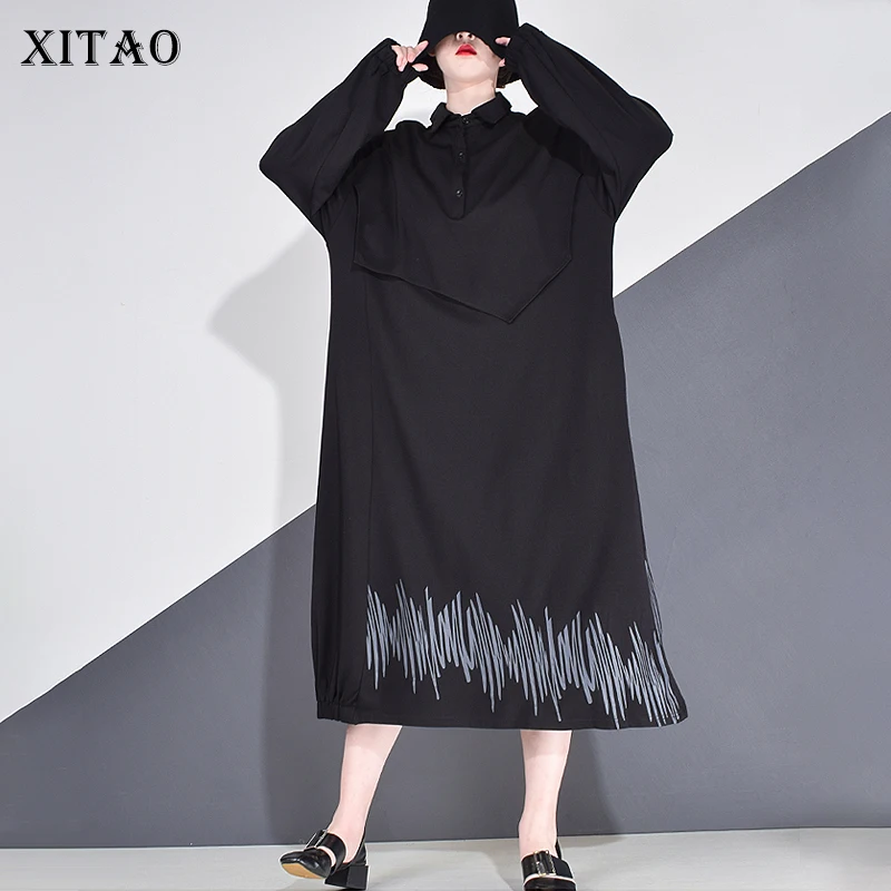

XITAO Print Casual Dress Women Spring Autumn Tide Fashin New Style Turn Down Collar Long Lantern Sleeve Pullover Button DZL1661
