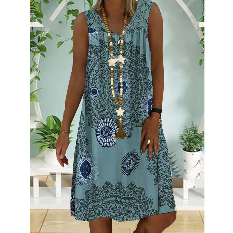 

Large Size Women's Summer New Lace Stitching Printing Deep V-neck Sleeveless Dress
