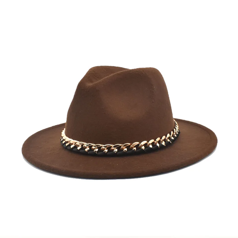 New Fashion Fedoras Hats Women Wool Chain Wide Brim Jazz Hat Vintage Panama Cowboy Hat Men Black Caps Dropshipping F111