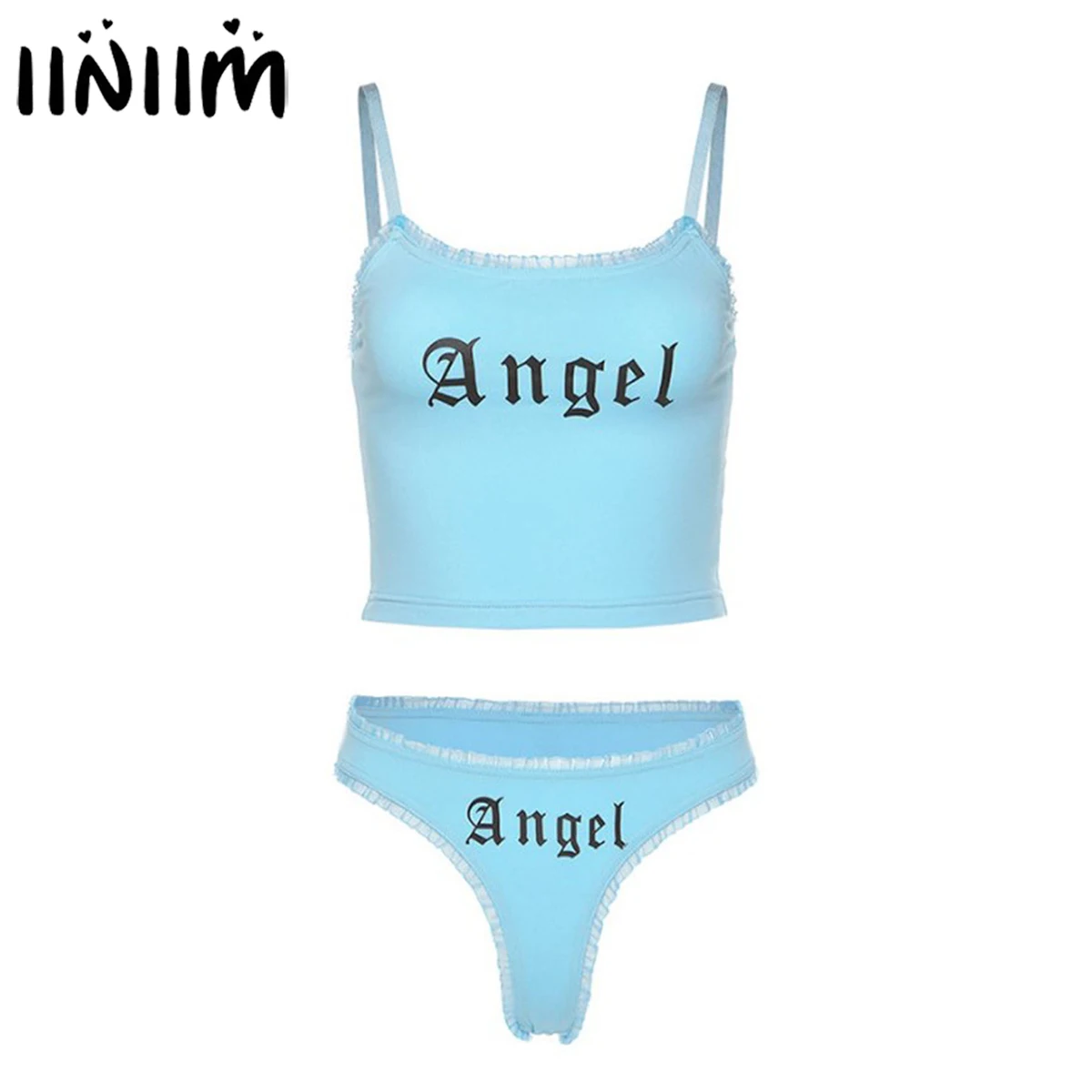 

iiniim Womens Femme Lingerie Suit Angel Letter Print Exotic Sets Lace Trim Spaghetti Strap Crop Top Camisole with Briefs