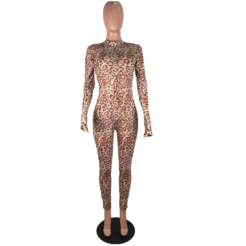 Сзади на молнии с длинным рукавом Леопардовый принт комбинезон Bodycon повязкой для
