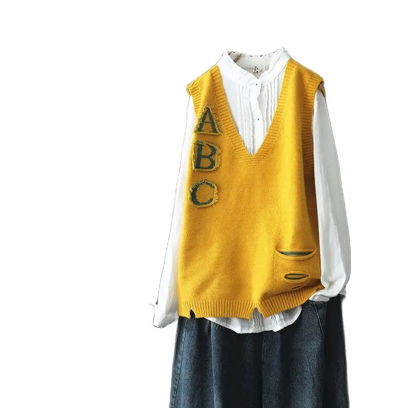 

Spring Autumn New korean Knit V-neck Pullover Vest Sleeveless Oversized Women's Vest Top Fashion ABC Letter Cotton Winter Vest