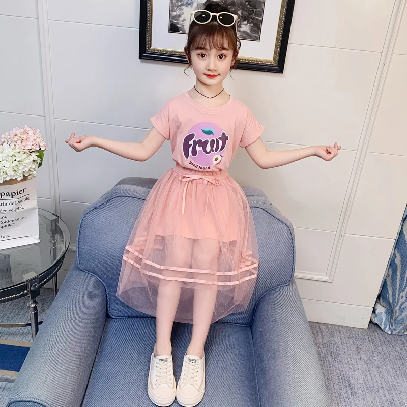 

Girls Clothes Set Summer Short Sleeve T-shirt+Mesh Skirt 2 PCS Children Clothing for Girls Baby Kid Girls Outfits 6 8 10 12 Year