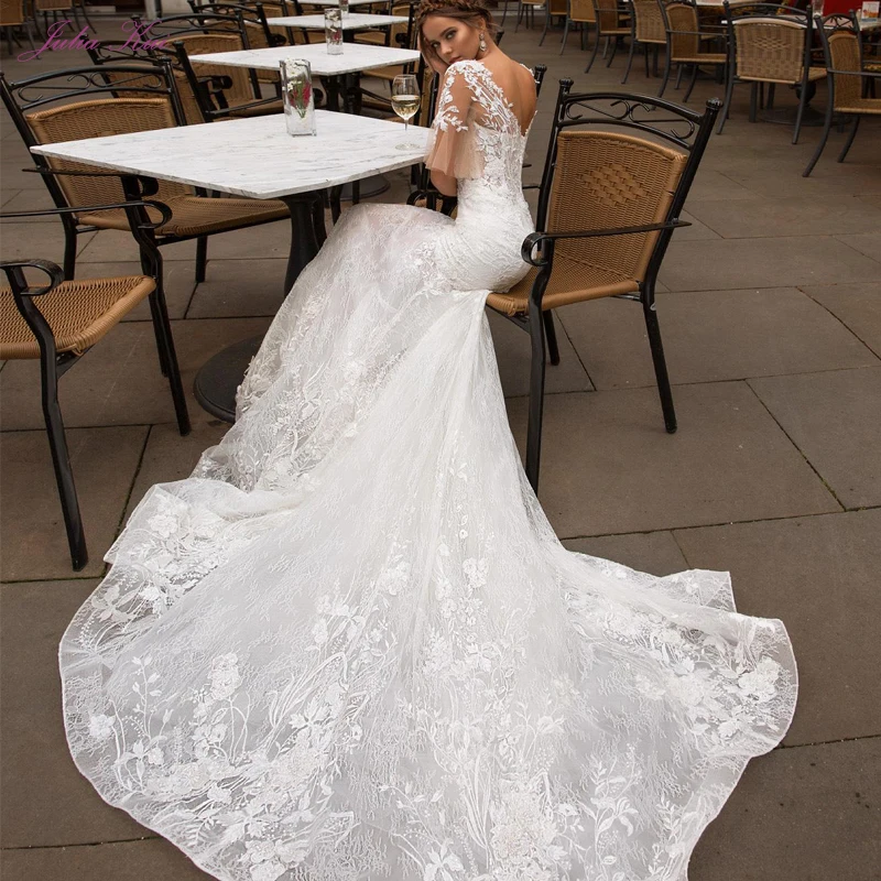 

Julia Kui Unique Beauty Embroidery Appliques Mermaid Wedding Gowns Skin Color Neck And Sleeves Elegant Trumpet Bridal Dresses
