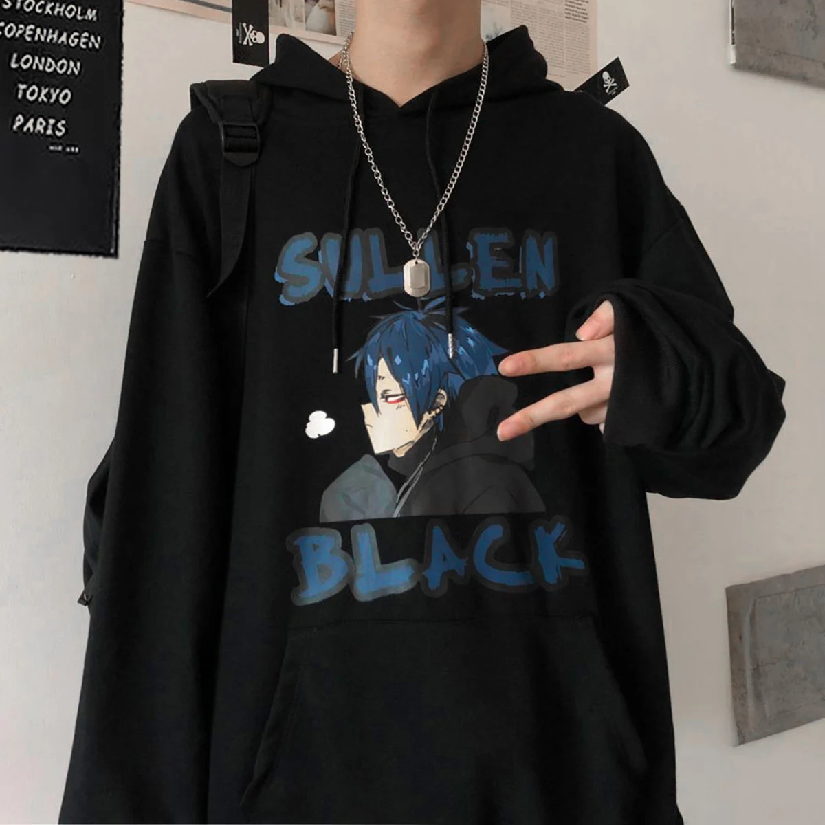 Черная Толстовка с аниме принтом SULLEN модный свободный утепленный пуловер