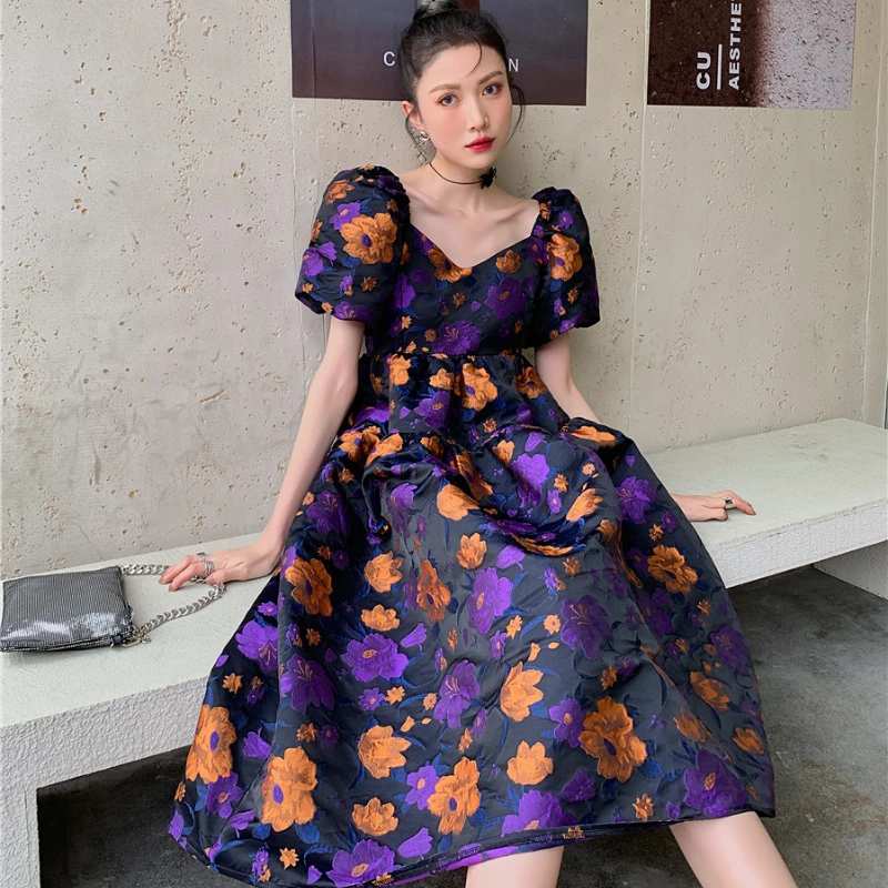 

Kimotimo Summer Print Ball Gown Dress Women Small V-neck French Maiden Puff Sleeve Big Swing Jacquard Vintage Elegant Dress