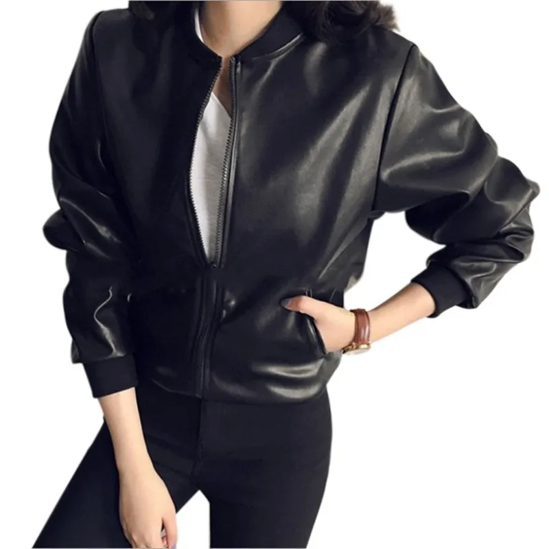 

Female Spring Autumn PU Leather Zipper Jacket Long Sleeved Coat Slim Black Motorcycle Jackets Harajuku Outerwear ,
